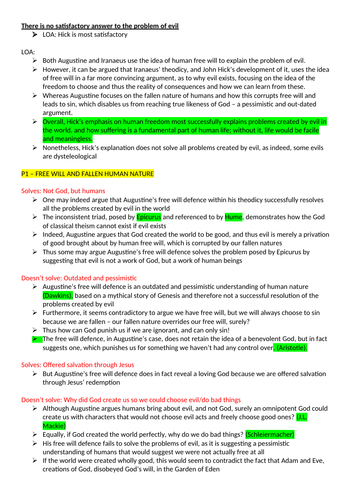 'There is no satisfactory answer to the problem of evil. Discuss' Essay PLAN OCR R.S A Level
