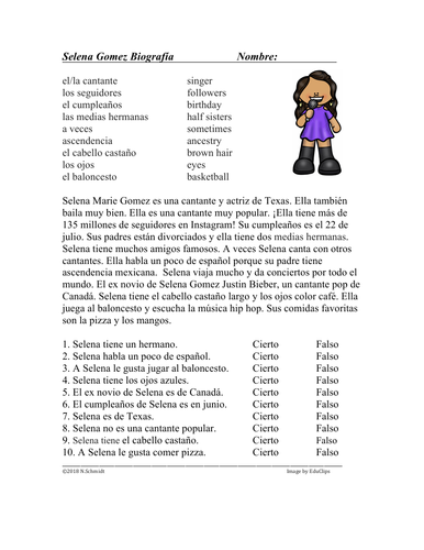 Selena Gomez Biography and Worksheet: Biografía (SUB PLAN)