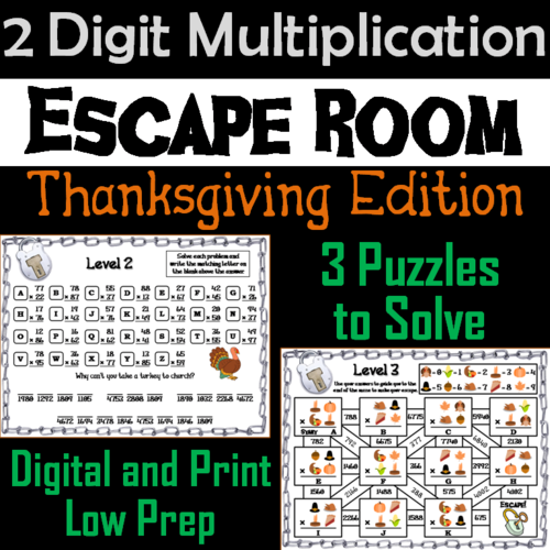 Thanksgiving Escape Room Math: Two Digit Multiplication Game (3rd 4th 5th Grade)