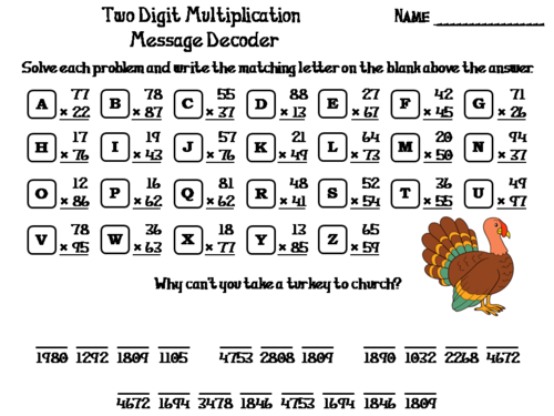 Two Digit Multiplication Thanksgiving Math Activity: Message Decoder