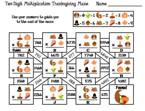 Two Digit Multiplication Activity: Thanksgiving Math Maze