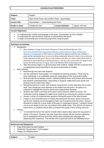 Ozymandias for GCSE ~ Worksheets and lesson plans for 3 lessons