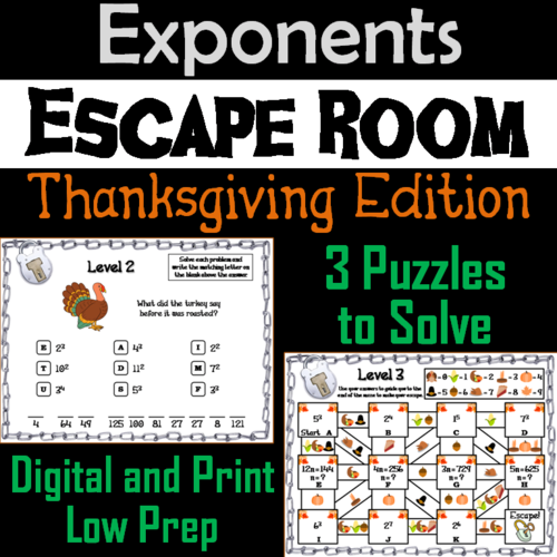 Exponents Game: Escape Room Thanksgiving Math 5th 6th 7th 8th Grade