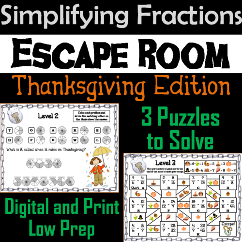 Equivalent Fractions Escape Room Thanksgiving Math Activity