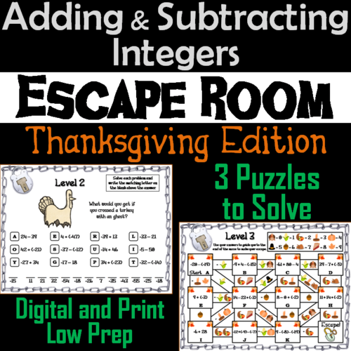 Adding and Subtracting Integers Game: Escape Room Thanksgiving Math Activity