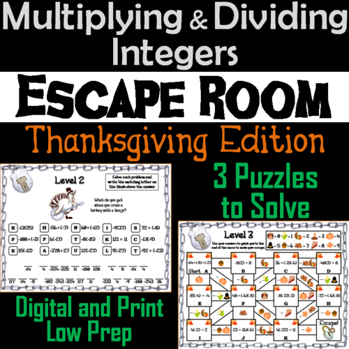 Multiplying and Dividing Integers Game: Escape Room Thanksgiving Math Activity