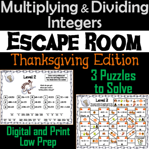 Multiplying And Dividing Integers Game: Escape Room Thanksgiving Math Activity | Teaching Resources