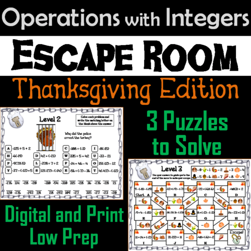 Operations with Integers Game: Escape Room Thanksgiving Math Activity