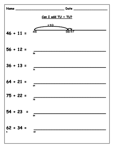 Add two 2 digit numbers on a number line, not crossing 10 barrier