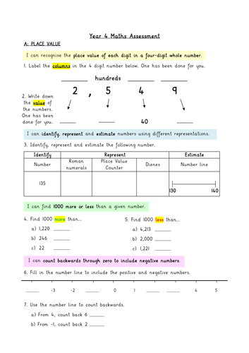 year 4 maths assessment 1 place value teaching resources