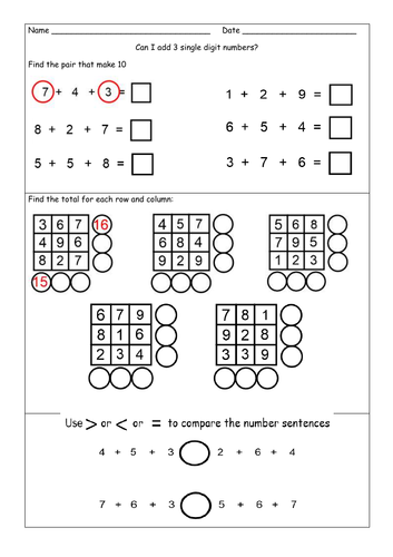 Add 3 single digit numbers varied fluency