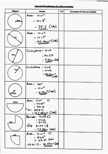 Area and circumference of a circle corrections