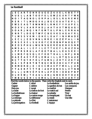 Football (Soccer in French) Wordsearch