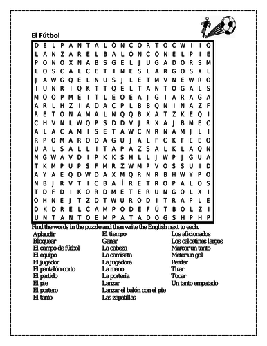 Fútbol (Soccer in Spanish) Wordsearch