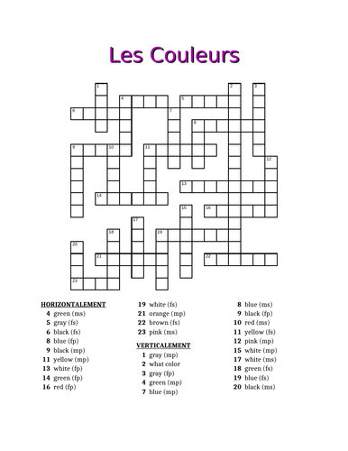 Couleurs (Colors in French) Crossword 1