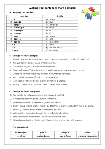 GCSE Spanish building complex sentences: connectives and link words & translation