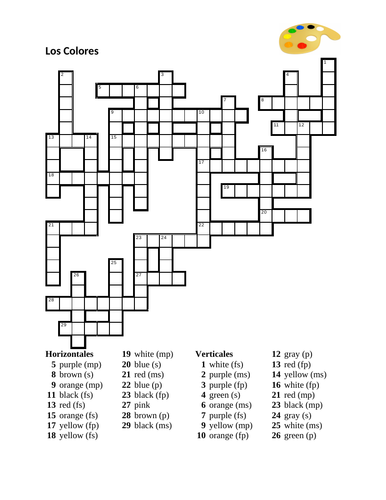 Colores (Colors in Spanish) Crossword