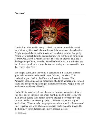 Carnival / Mardis Gras: Cultural Reading in English