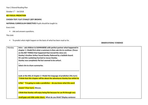 FLAT STANLEY PLANNING YEAR 2 WHOLE CLASS SHARED READING