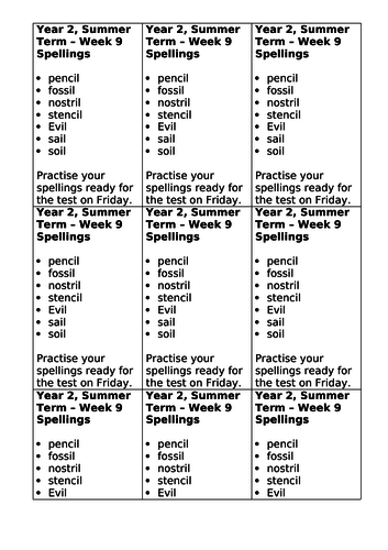 Year 2, No Nonsense Spelling List - Summer, Week 9