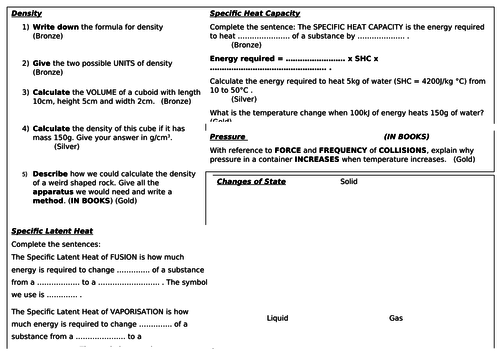 Revision Sheet for AQA Physics P6: Molecules and Matter