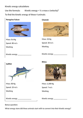 Kinetic Energy Mini Calculation Sheet