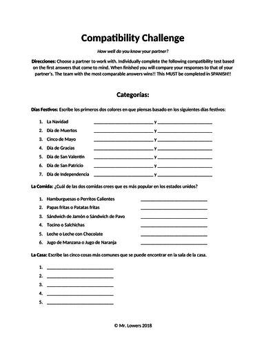 Spanish Fun Worksheet Activity or Sub Plan: Spanish Compatibility Challenge