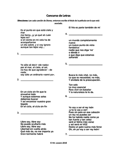 Disney Song Translation Fun Spanish Worksheet Activity / No Prep Sub Plan
