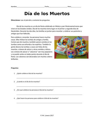 "Dia de Muertos" Day of the Dead Spanish 1 Cultural Reading Substitute Plans