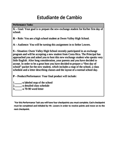 Performance Task Spanish Project Exchange Student School Vocab Class Schedules