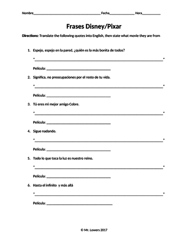 Disney Quotes Spanish Worksheet Activity Translation Practice / No Prep Sub Plan