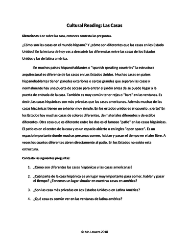 Spanish Cultural Reading La Casa No Prep Substitute Plan | Teaching  Resources
