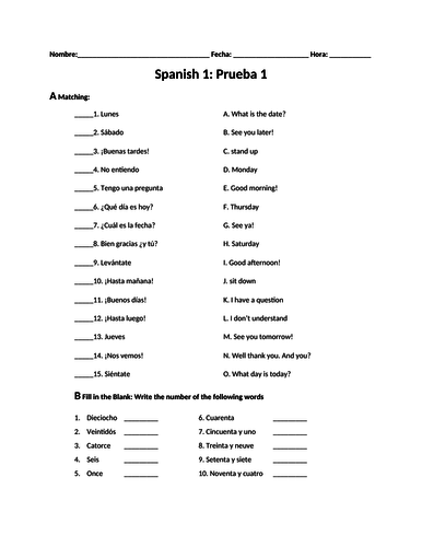 Spanish 1 Quiz Days, Dates, Time, Numbers, Greetings + Definite Articles