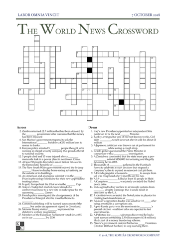 The World News Crossword - October 7th, 2018