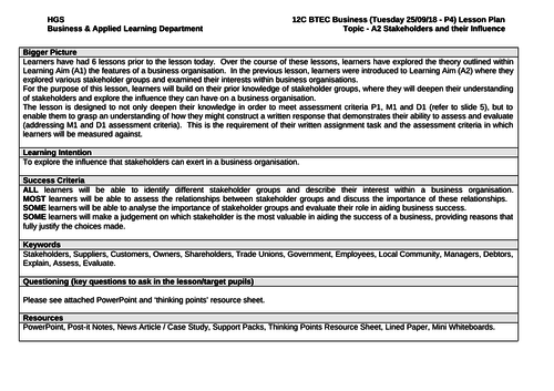 BTEC Business Level 3 (NQF) - Unit 1 Exploring Business - Outstanding Lesson