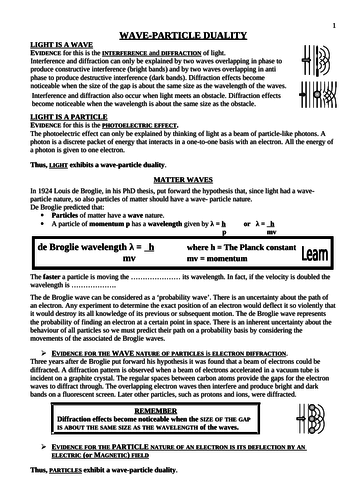 Wave Particle Duality Student Notes and Questions