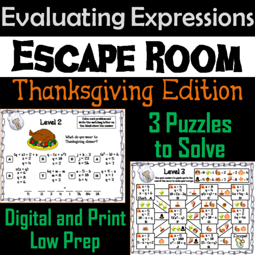 Evaluating Algebraic Expressions Game: Escape Room Thanksgiving Math Activity