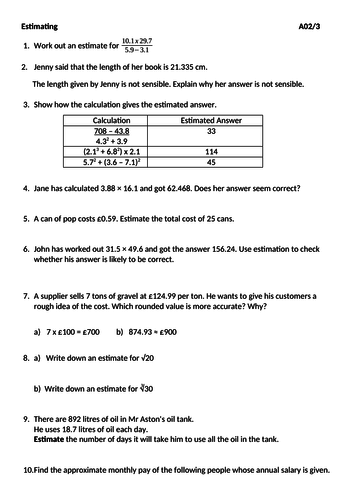 Estimating worded problems, problem solving and reasoning