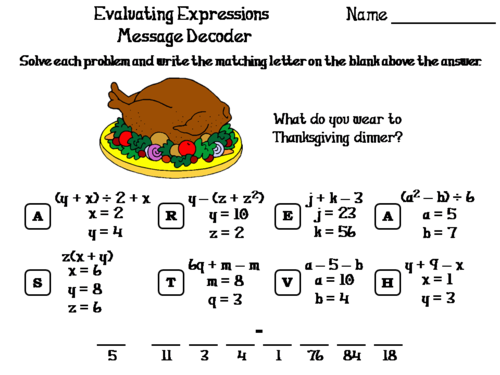 Evaluating Algebraic Expressions Thanksgiving Math Activity: Message Decoder