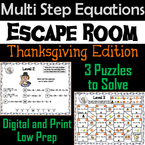 Solving Multi Step Equations Game: Escape Room Thanksgiving Math Activity