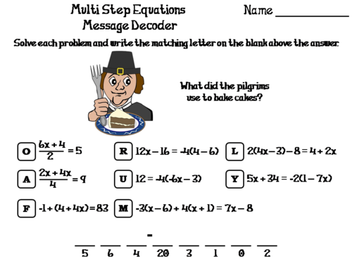 Solving Multi Step Equations Thanksgiving Math Activity: Message Decoder