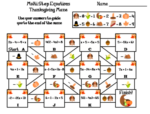 Solving Multi Step Equations Activity: Thanksgiving Math Maze