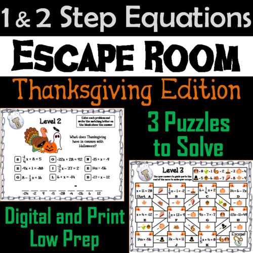 Solving One and Two Step Equations Game: Escape Room Thanksgiving Math Activity