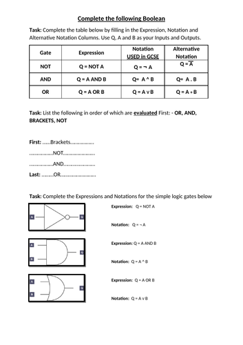 Boolean Algebra lesson including workbook and answers