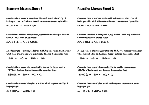 Differentiated Worksheets for Reacting Masses C5 Chemistry