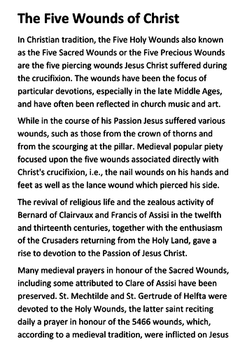 The Five Wounds of Christ Handout