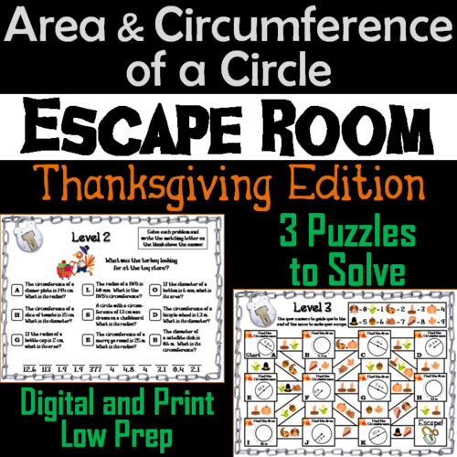 Area and Circumference of a Circle Game: Escape Room Thanksgiving Math Activity
