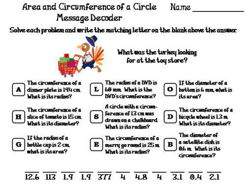 Area and Circumference of a Circle Thanksgiving Math Activity: Message Decoder