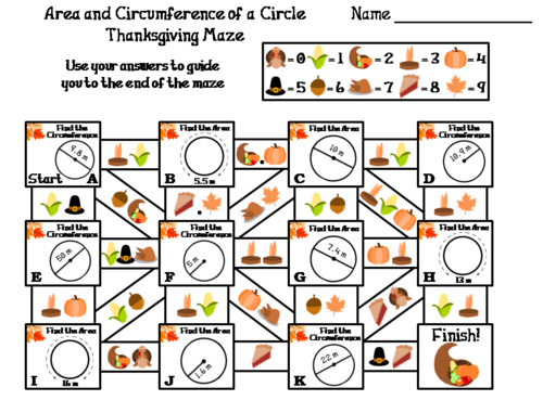 Area and Circumference of a Circle Activity: Thanksgiving Math Maze