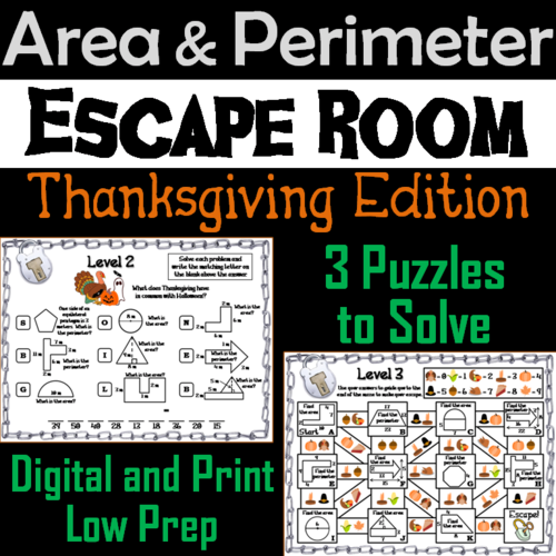 Area and Perimeter Game: Escape Room Thanksgiving Math Activity